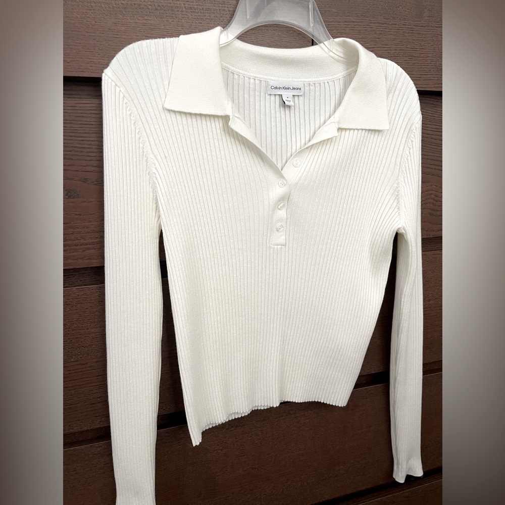 Calvin Klein Jeans Women's Ribbed Polo Sweater - White